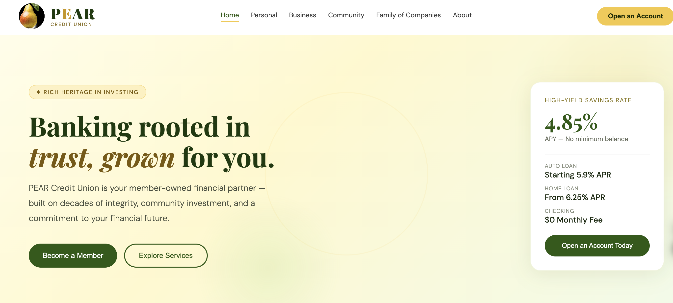 PEAR Credit Union website hero